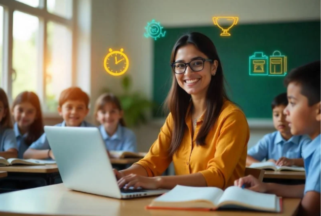 Indian teacher using AI educational tools on laptop in classroom with students, showing time and achievement icons