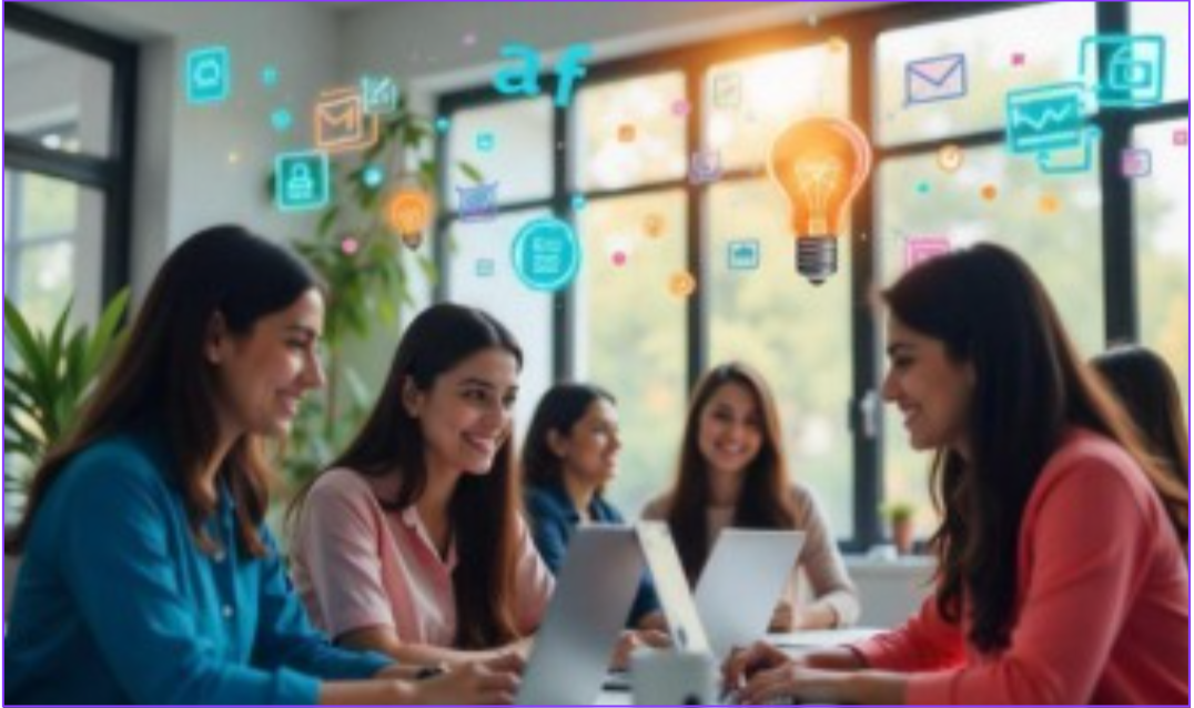 Teachers collaborating with AI tools, showing lightbulb and communication icons